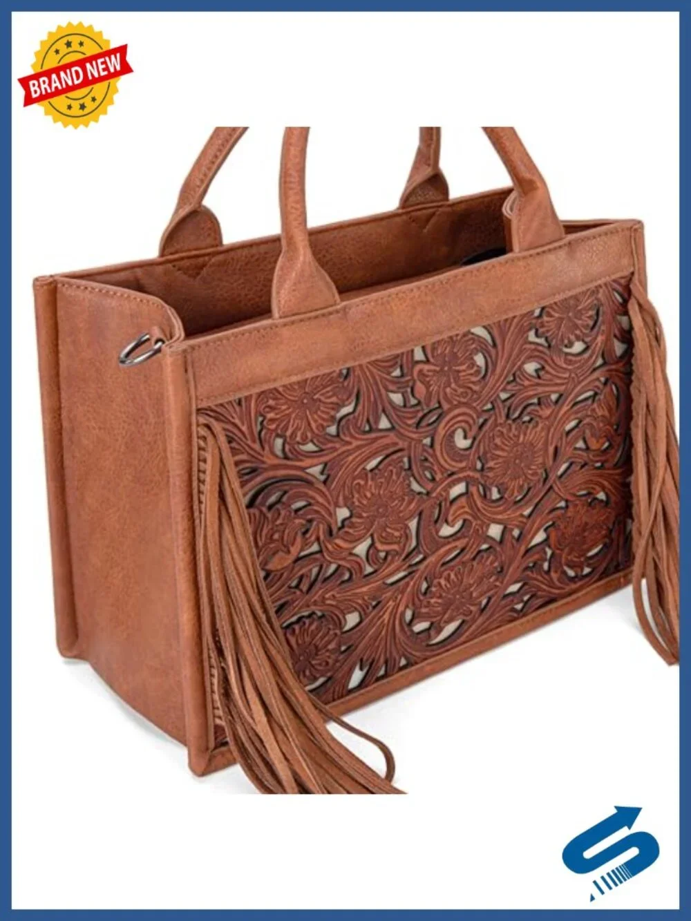 Tooled Leather Floral Fringe Tote with Wallet Set